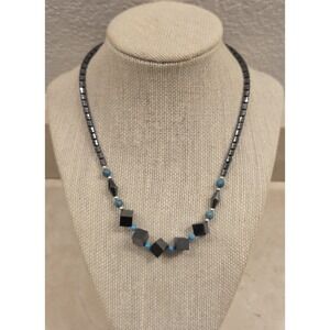 Vintage Native Style Hematite & Turquoise Beaded Necklace‎ 17.5" Screw Back